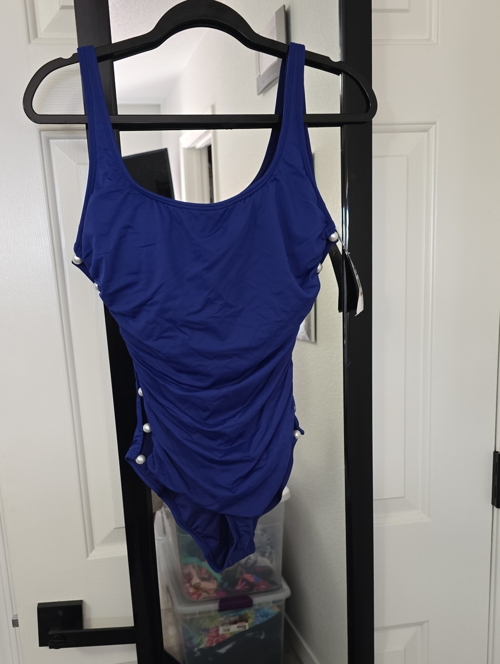 Royal Blue One-Piece Swim Suit with Side Pearl Accent Sz 12 Nwt